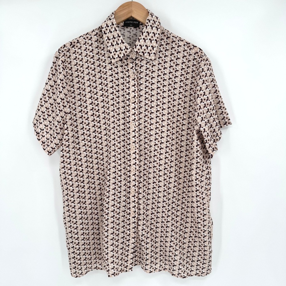 White Fox Mens Geometric Print Short Sleeve Viscose Linen Button Down Shirt M/L